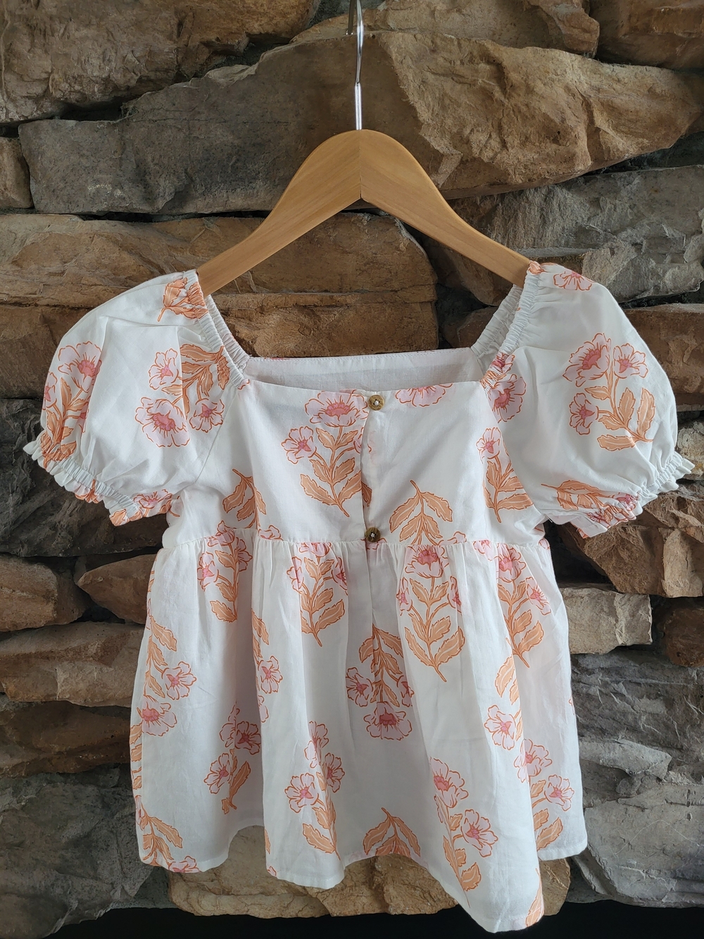 Puff Sleeve White Blouse with Peach Floral Print